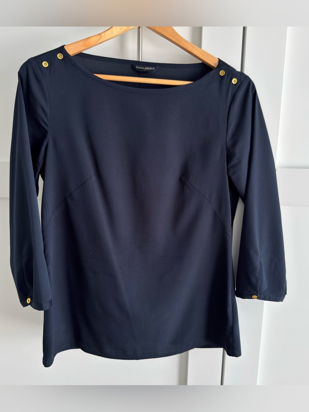 Banana Republic Navy Boatneck Top with Gold Shoulder Buttons